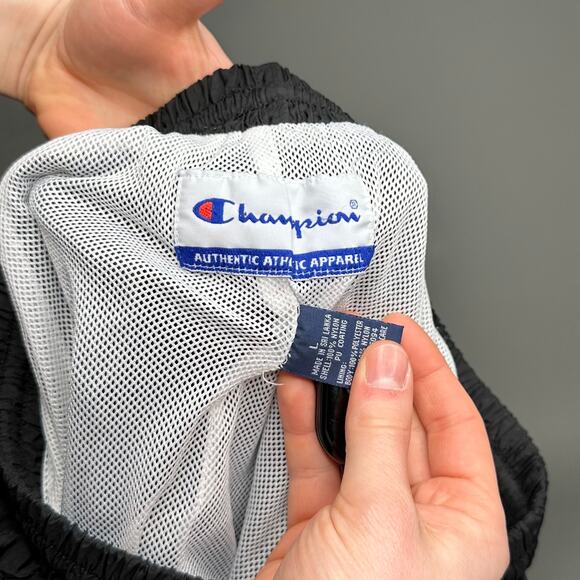 Vintage Champion Track Pants Jet Black Nylon Joggers Subtle Embroidered Logo 90s - Picture 4 of 4